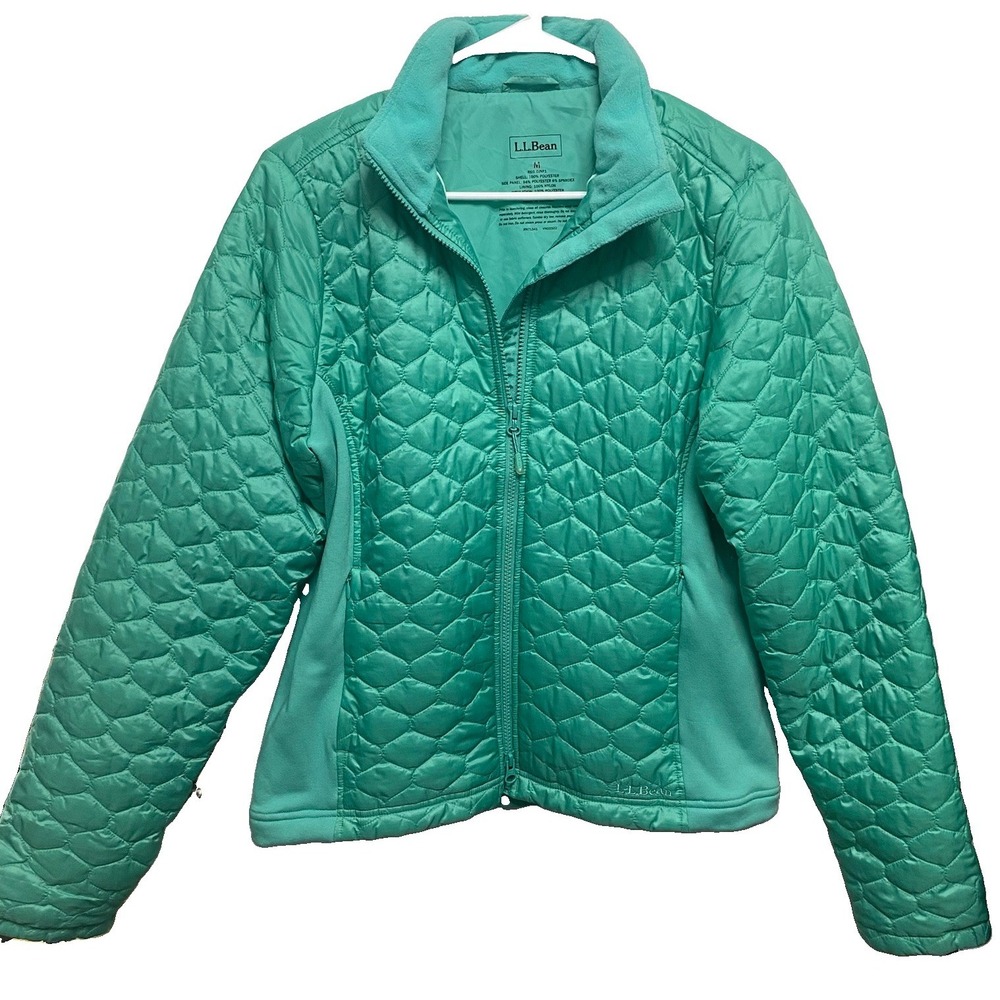L.L. Bean Women Green Puffer Jacket Quilted Full Zip&pockets Fall/Winter Coat M